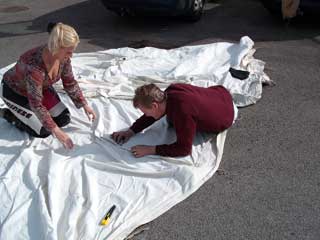 Bev and Dave doing a bit of tent mending