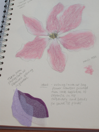 The drawing of the clematis with my ideas for layering with organza