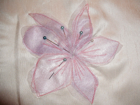 The organza petals pinned in place