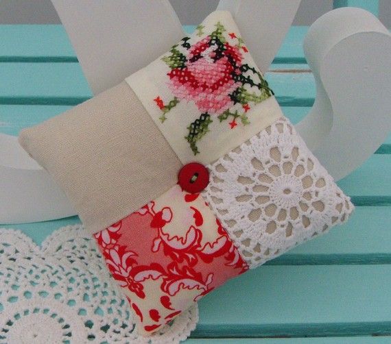 patchwork and doily pincushion