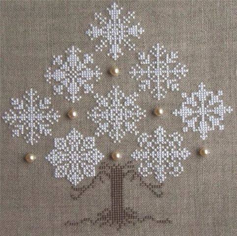 Cross stitch snowflake tree on linen